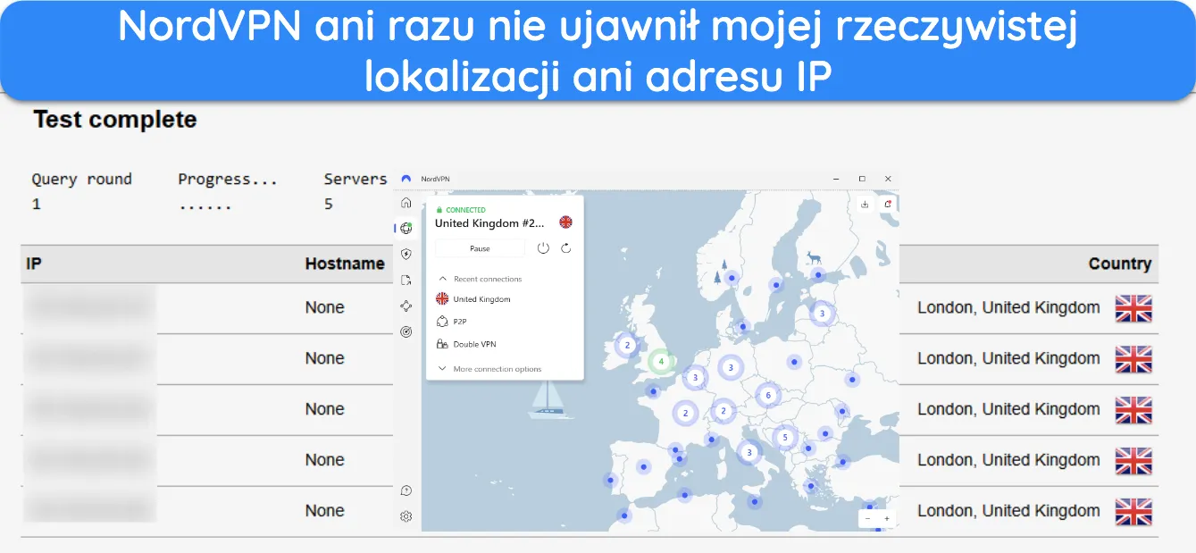 Zrzut ekranu wyniku testu szczelności po połączeniu z NordVPN.