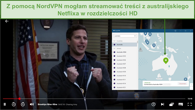 Zrzut ekranu przedstawiający NordVPN odblokowujący Netflix Australia podczas grania w Brooklyn Nine-Nine