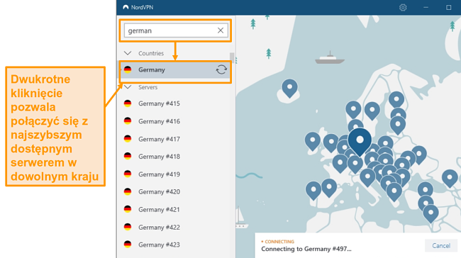 Zrzut ekranu wyboru serwera NordVPN Niemcy