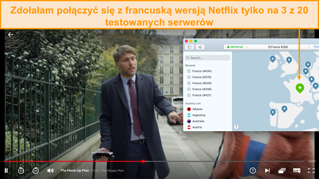 Zrzut ekranu przedstawiający NordVPN odblokowujący Netflix France i przesyłający strumieniowo The Hook Up Plan