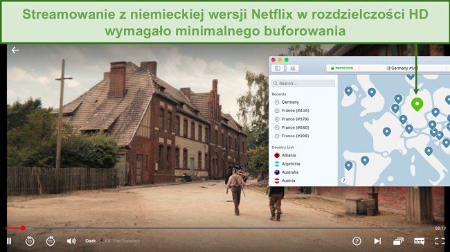 Zrzut ekranu przedstawiający NordVPN odblokowujący Netflix Germany podczas grania w Dark