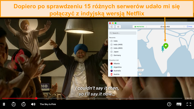 Zrzut ekranu przedstawiający streaming Netflix India z NordVPN