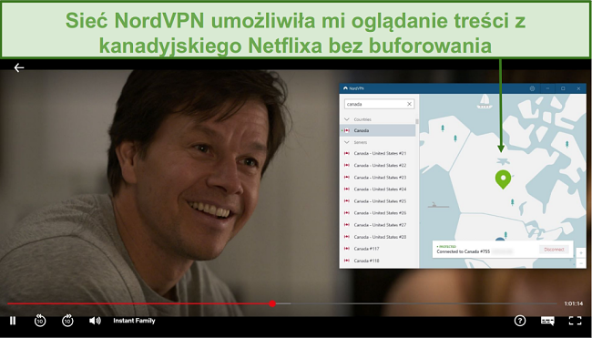 Zrzut ekranu przedstawiający NordVPN odblokowujący Netflix Canada podczas grania w Instant Family