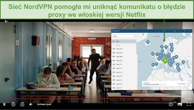 Zrzut ekranu przedstawiający NordVPN odblokowujący Netflix Włochy podczas grania w Arrivano i Prof