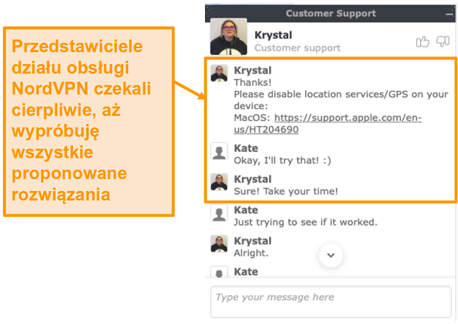 Zrzut ekranu przedstawiający funkcję czatu na żywo w obsłudze klienta NordVPN