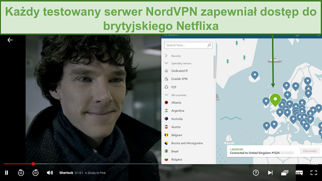  66/5000 Zrzut ekranu przedstawiający NordVPN odblokowujący Netflix UK podczas gry w Sherlocka