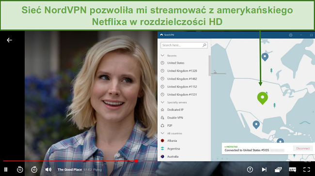 Zrzut ekranu przedstawiający transmisję strumieniową The Good Place w serwisie Netflix z NordVPN połączonym z serwerem w USA