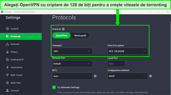 Captură de ecran a aplicației Windows PIA cu criptare AES pe 128 de biți selectată