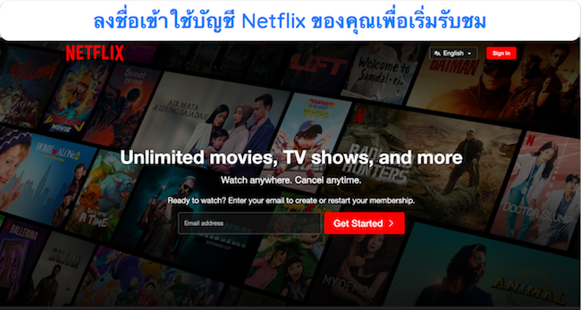 ภาพหน้าจอของหน้าลงชื่อเข้าใช้ของ Netflix