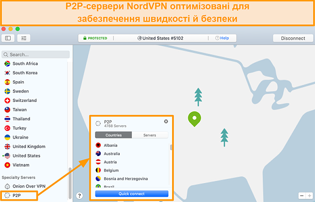 Знімок екрана серверів P2P NordVPN у додатку Mac
