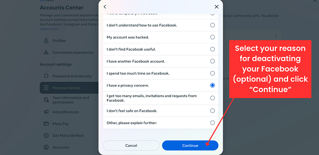 Facebook select reason for deactivating