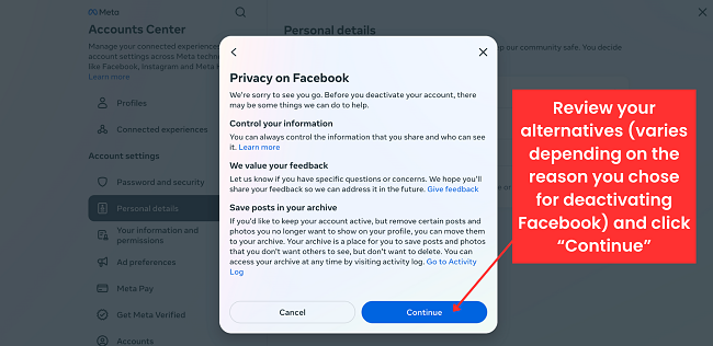 Facebook review your alternatives before deactivating