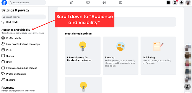 Screenshot of audience and visibility on Facebook