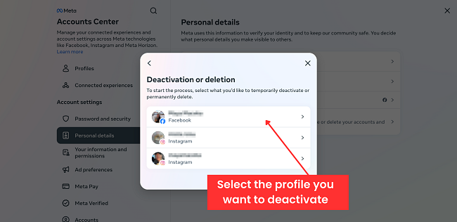 Facebook select profile you want to deactivate