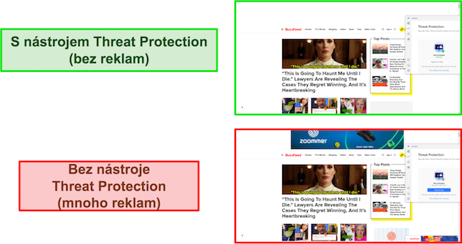 Porovnání ochrany před hrozbami NordVPN zapnuté při používání BuzzFeed (nezobrazuje se žádné reklamy) a vypnuto (zobrazuje se více reklam)