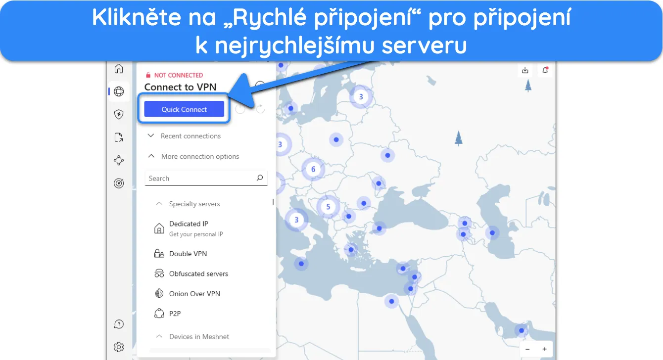 Snímek obrazovky ukazující, jak se po instalaci NordVPN automaticky připojit k nejrychlejšímu blízkému serveru.