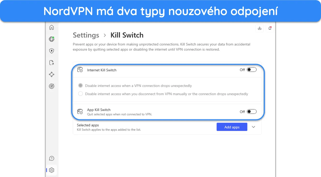 Snímek obrazovky možností přepínače zabíjení v nabídce nastavení NordVPN.