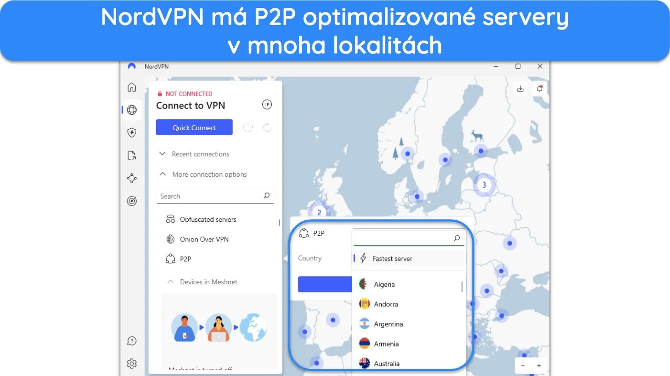 Snímek obrazovky zobrazující země, kde NordVPN nabízí servery optimalizované pro P2P.