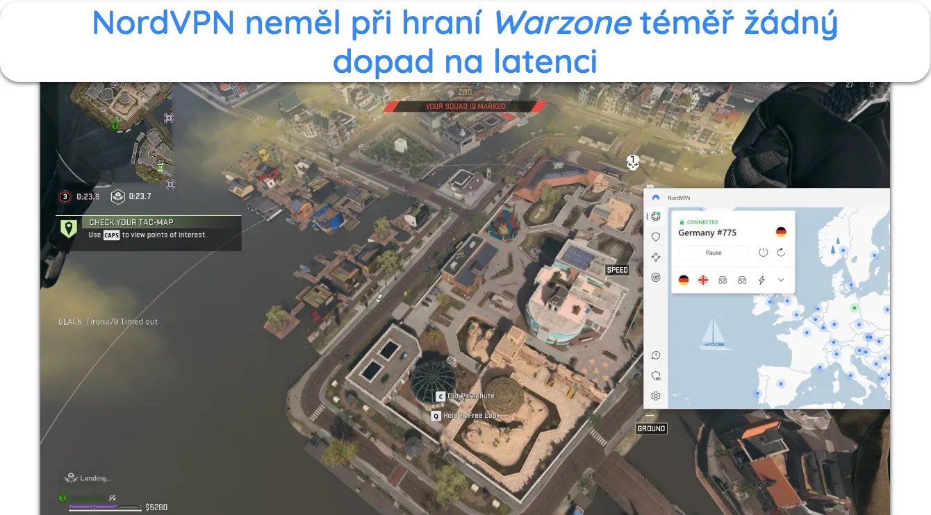 Snímek obrazovky ukazující bezproblémový chod Warzone při připojení k serveru NordVPN v Německu.