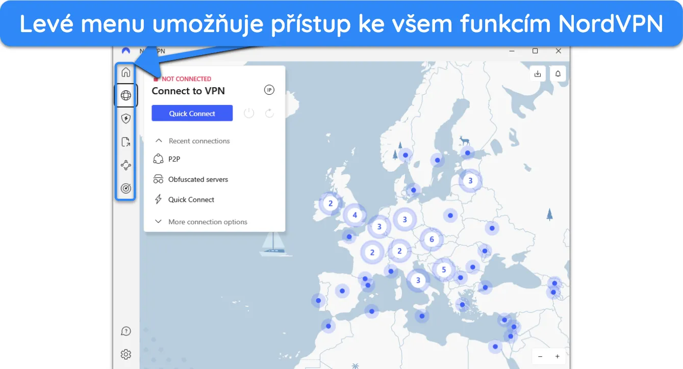 Snímek obrazovky navigační lišty v desktopových aplikacích NordVPN.