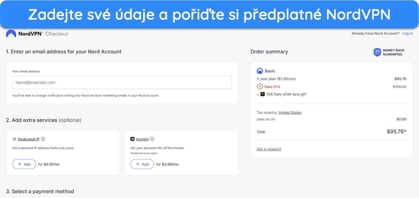 Snímek obrazovky ukazující, jak se přihlásit k odběru NordVPN po výběru plánu.