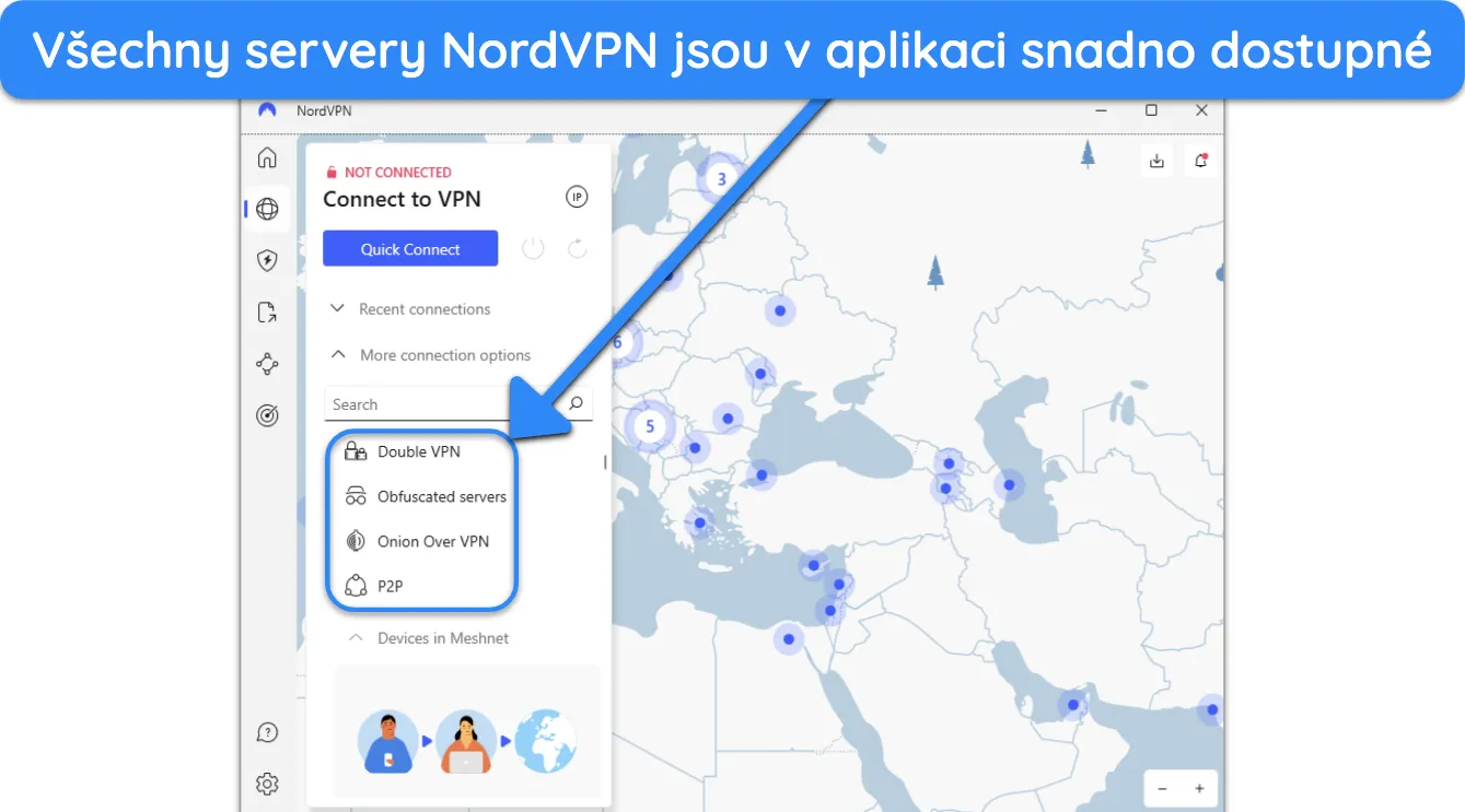 Snímek obrazovky ukazující, jak jsou v aplikaci snadno dostupné speciální servery NordVPN.