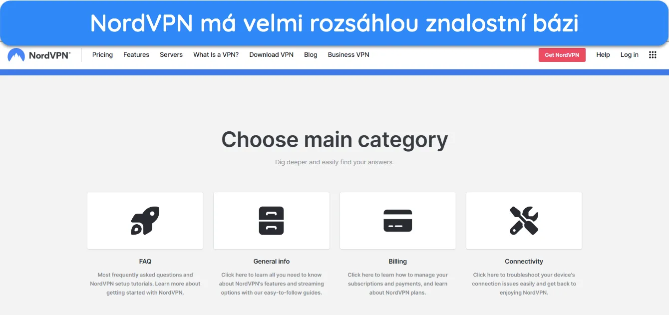 Snímek obrazovky zobrazující domovskou stránku znalostní báze NordVPN.