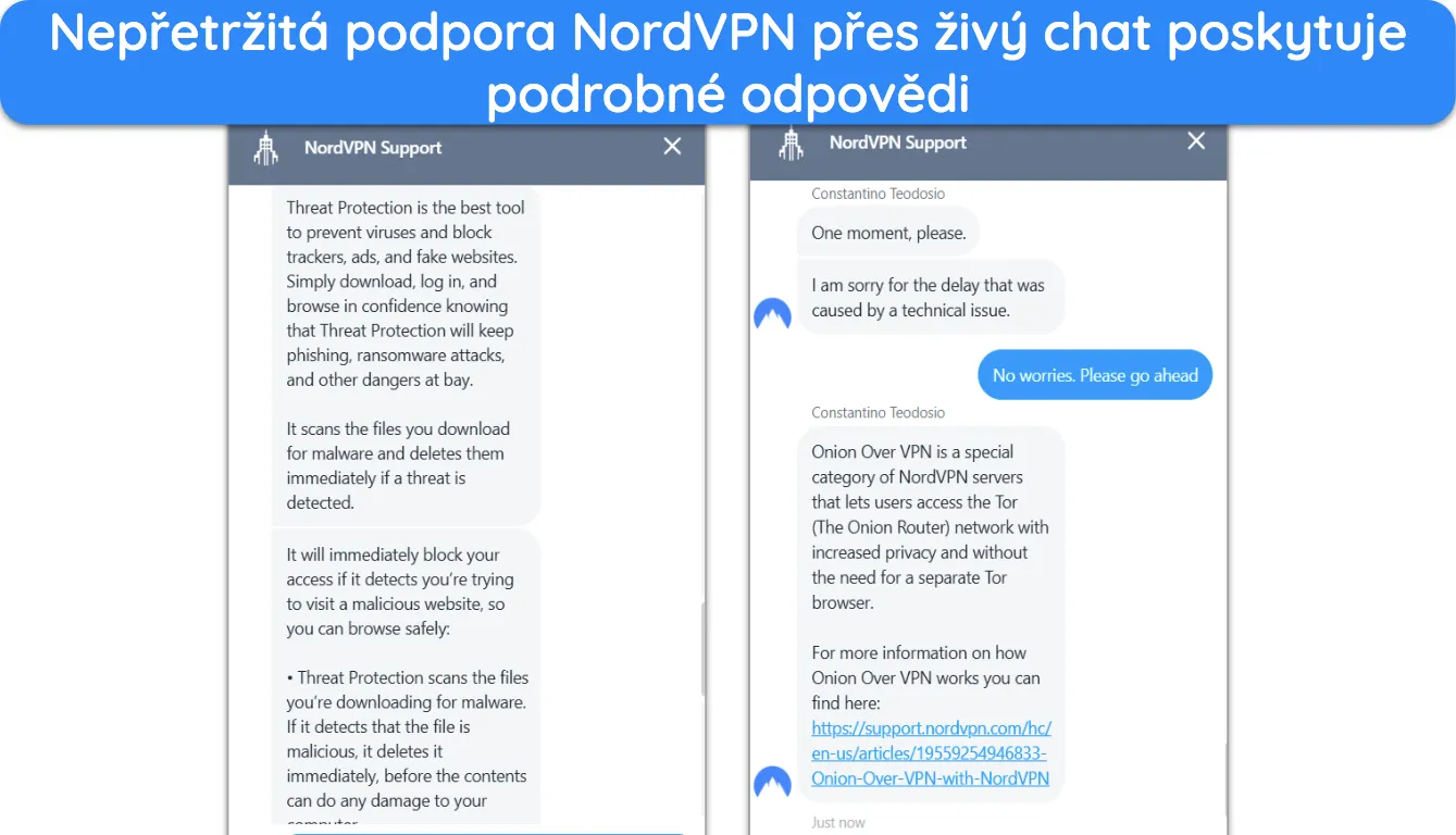 Snímek obrazovky ukazující konverzaci s podporou živého chatu NordVPN.