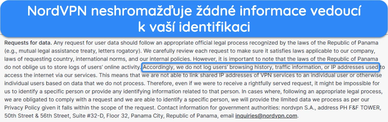 Snímek obrazovky ukazující, jak NordVPN nezaznamenává žádné identifikační údaje.