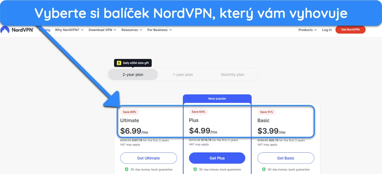 Snímek obrazovky ukazující, jak si vybrat předplatné NordVPN.