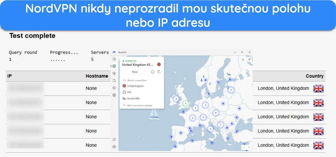 Snímek obrazovky s výsledkem testu těsnosti při připojení k NordVPN.