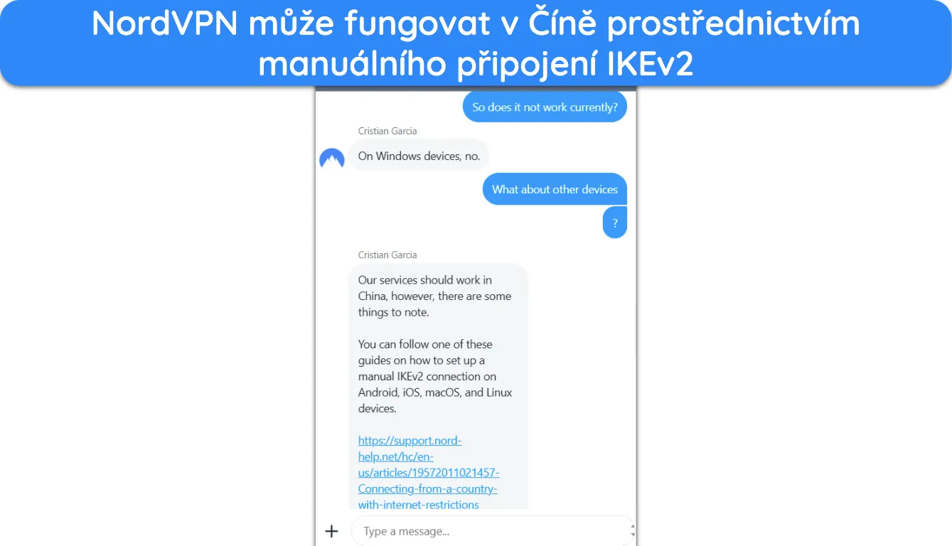 Snímek obrazovky podpory NordVPN vysvětlující, jak může VPN fungovat v Číně.