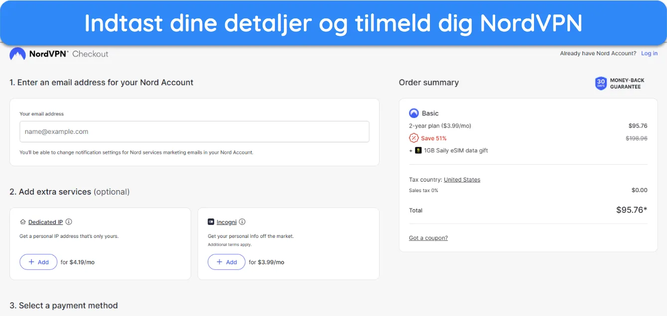 Skærmbillede, der viser, hvordan du abonnerer på NordVPN efter at have valgt en plan.