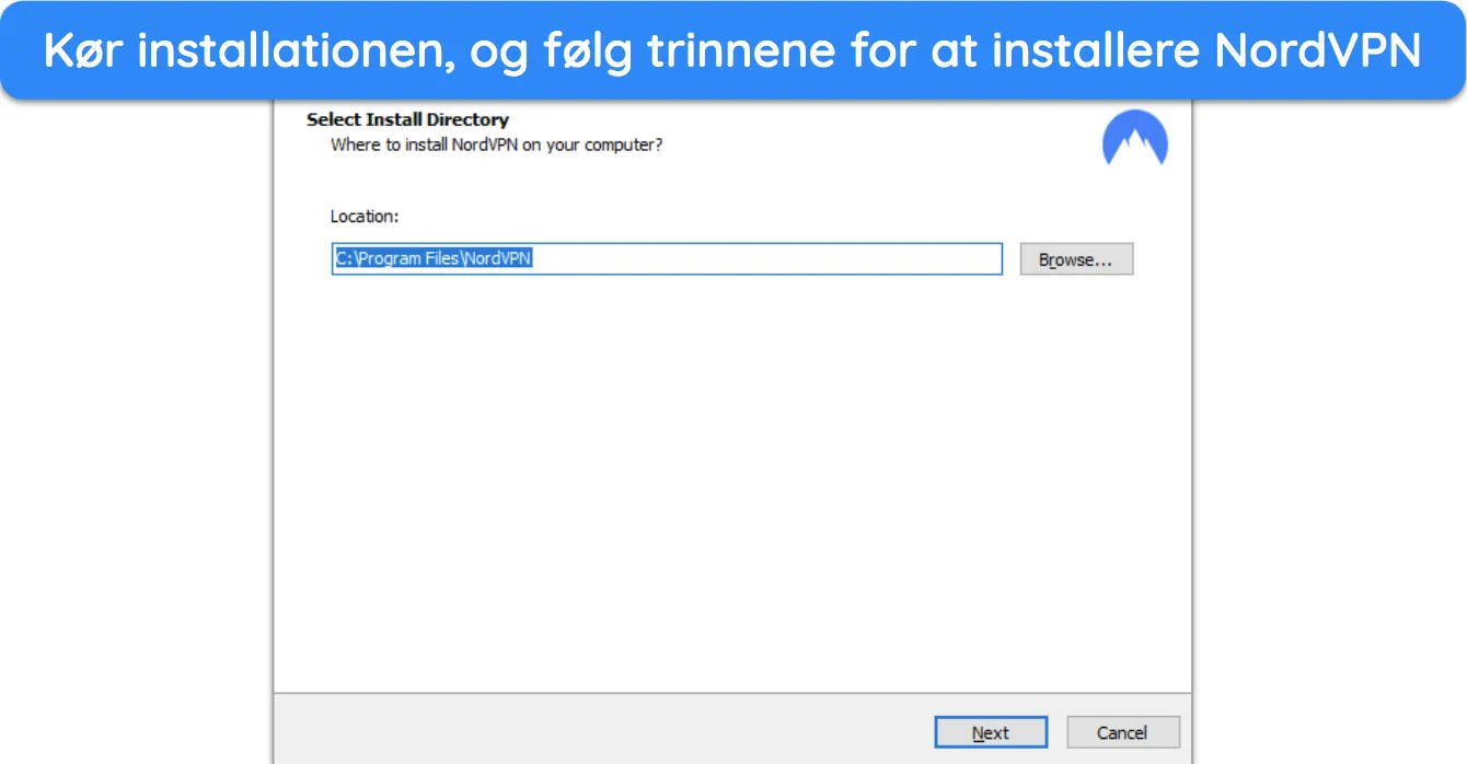 Skærmbillede, der viser begyndelsen af NordVPNs installation på Windows.