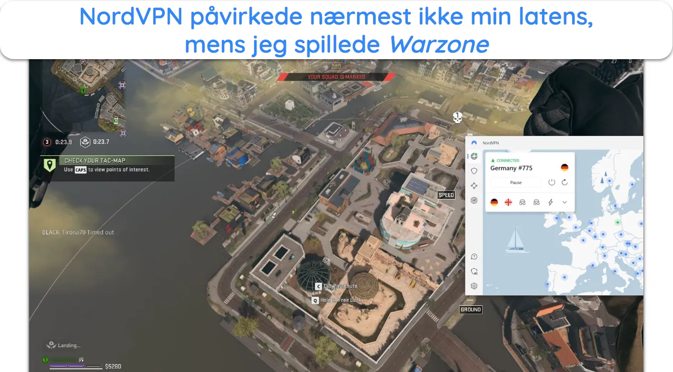 Skærmbillede, der viser, at Warzone kører problemfrit, mens du er tilsluttet en NordVPN-server i Tyskland.