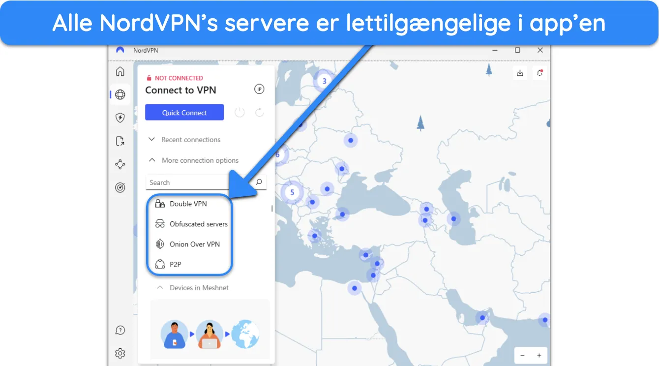 Skærmbillede, der viser, hvordan NordVPNs specialservere er let tilgængelige i appen.