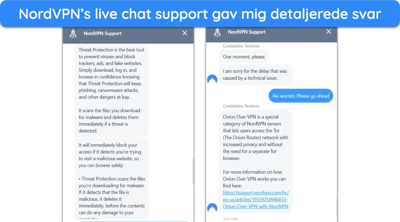 Skærmbillede, der viser en samtale med NordVPNs live chat support.