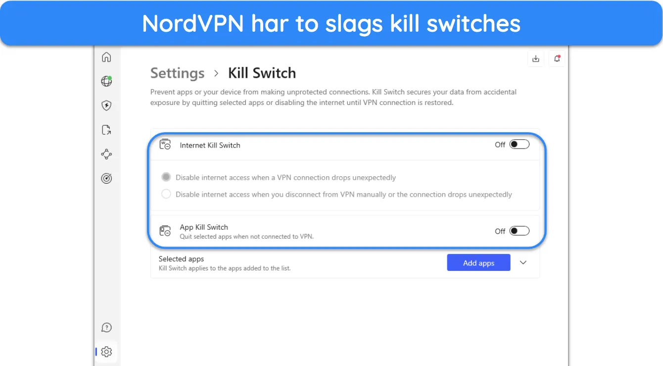 Skærmbillede af kill switch-indstillingerne i NordVPNs indstillingsmenu.