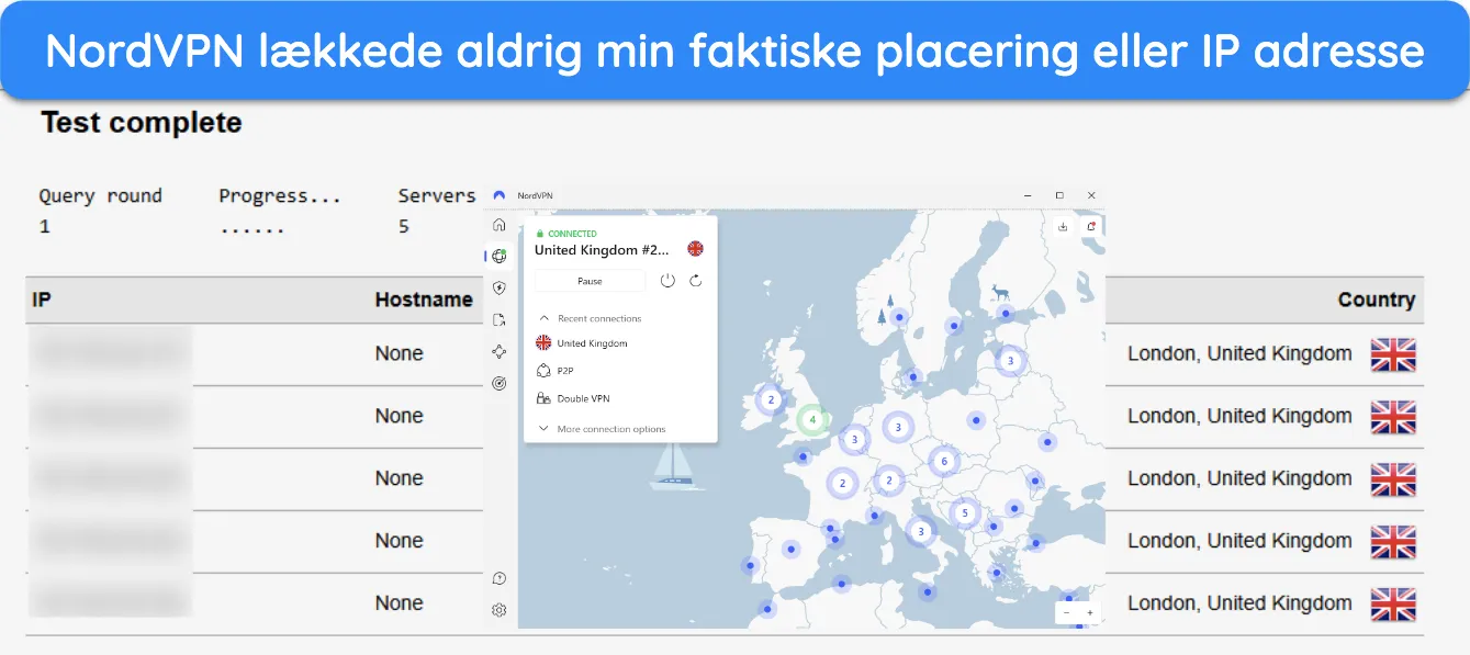 Skærmbillede af et lækagetestresultat, mens du er tilsluttet NordVPN.