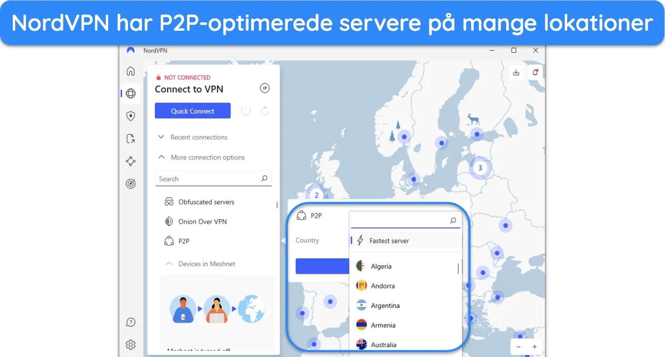 Skærmbillede, der viser de lande, hvor NordVPN tilbyder P2P-optimerede servere.