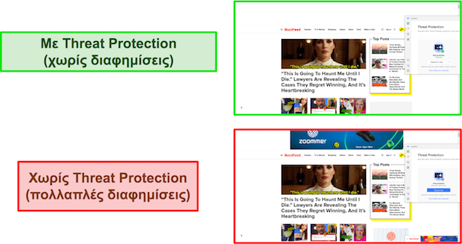 Σύγκριση της Προστασίας από απειλές του NordVPN που είναι ενεργοποιημένη κατά τη χρήση του BuzzFeed (δεν εμφανίζονται διαφημίσεις), έναντι απενεργοποιημένης (εμφάνιση πολλών διαφημίσεων).
