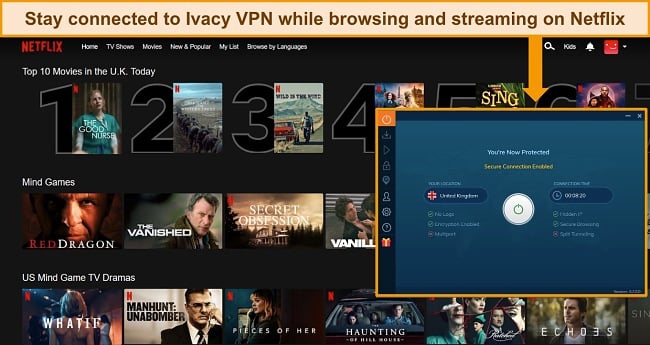 Screenshot of Ivacy VPN connected to a UK server with Netflix UK displaying regional content.