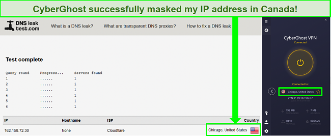 Screenshot of a DNS leak test while CyberGhost is connected to a Los Angeles server