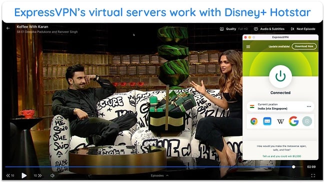 Screenshot of Koffee With Karan playing on Disney+ Hotstar while connected to ExpressVPN's virtual server for India