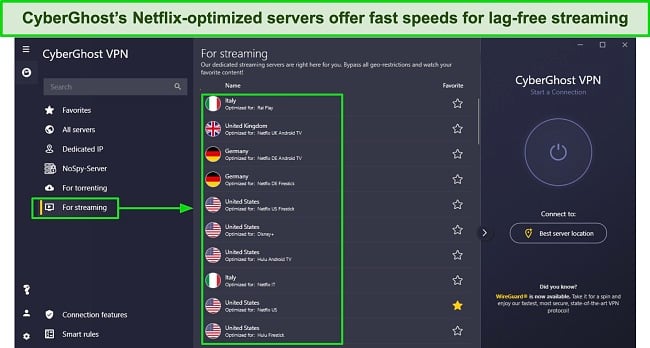 Screenshot of CyberGhost's list of streaming-optimized servers