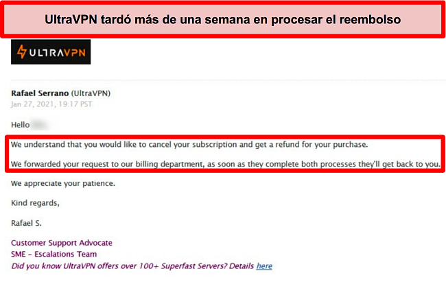 Captura de pantalla de un correo electrónico del soporte de UltraVPN que dice que mi solicitud de reembolso aún se está procesando