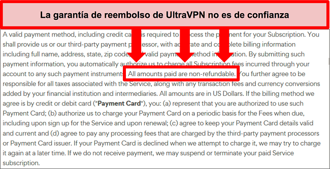 Captura de pantalla de la política de reembolso de UltraVPN que indica que los planes no son reembolsables