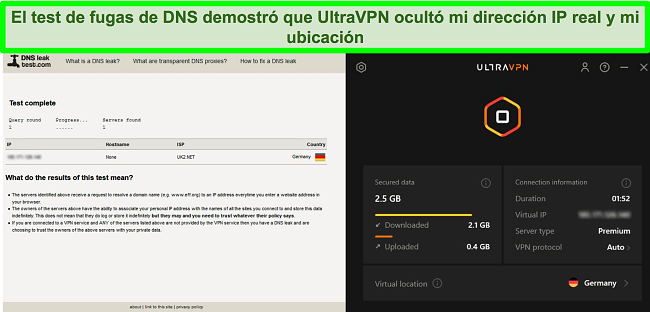 Captura de pantalla de una prueba de fugas de DNS exitosa mientras UltraVPN está conectado a un servidor en Alemania