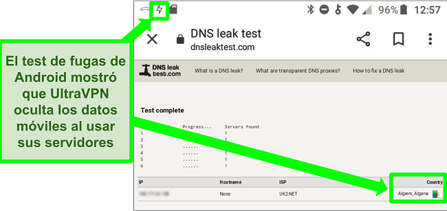 Captura de pantalla de una prueba de fugas de DNS exitosa mientras UltraVPN en Android está conectado a un servidor en Argelia