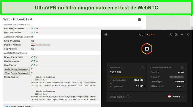 Captura de pantalla de un resultado exitoso de la prueba WebRTC mientras UltraVPN está conectado a un servidor en Austria